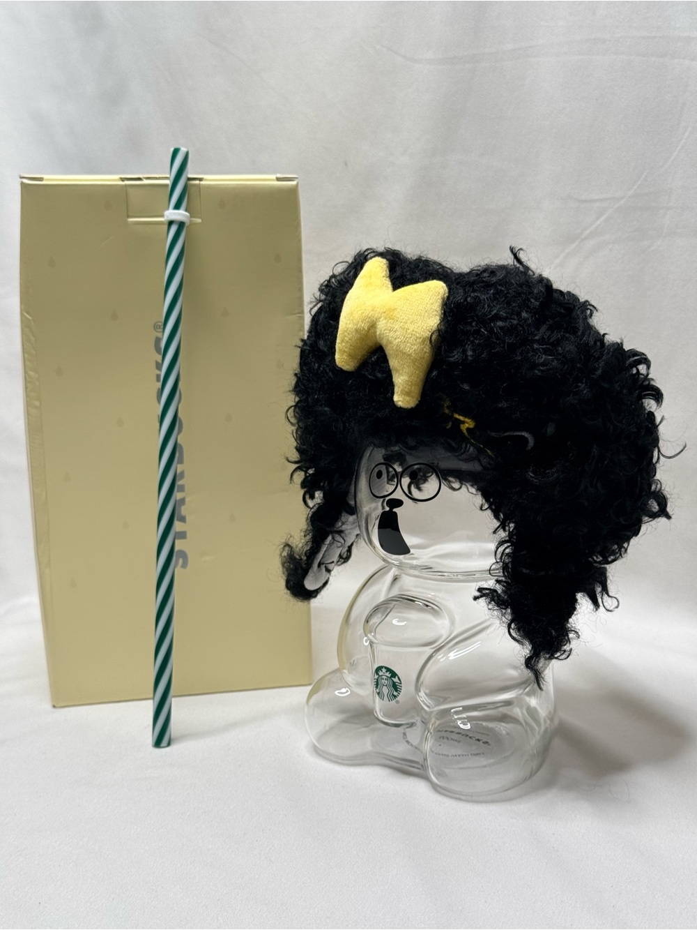 Rare Starbucks Bearista Glass Tumbler with Curly Hair Wig & Striped Straw Boxed